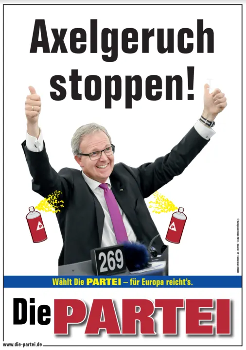 Plakat: „Axelgeruch stoppen!“, ein jubelnder Abgeordneter zwischen zwei Deodosen