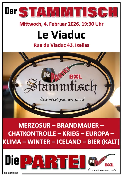 Einladungsflyer zum PARTEI-Stammtisch am 4. Februar 2026 im Le Viaduc