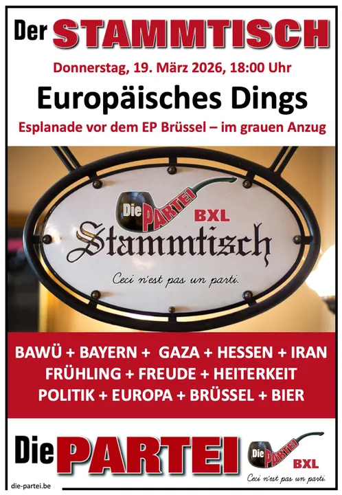 Einladungsflyer zum PARTEI-Stammtisch am 19. März 2026 im Europäischen Parlament